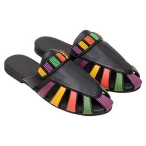 Farm Rio Black Rainbow Beaded Mule Vegan Leather - Size 6.5 US, 37 EU